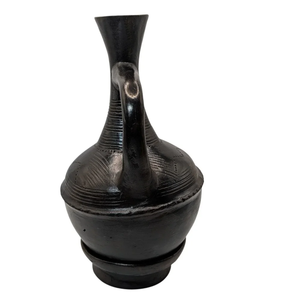 Vintage Ethiopian Jebena Pot Handmade with Stand Black Clay Coffee Pot Two Piece
